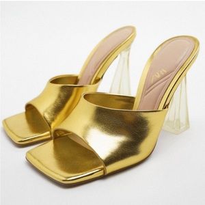 Zara Gold Mules With Clear Heel